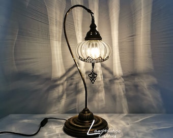 Free UK/EU Led Bulb Luxurious Large Bohemian Turkish Moroccan Style Blown Clear Glass Swan Neck Desk Table Lamp, Bedside Lamp, 55CM Height