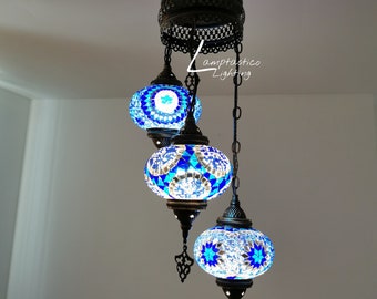 Blue Turkish Mosaic Glass Chandelier, Brushed Brass Cascade Ceiling Light