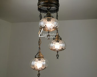 Brushed Brass Turkish Chandelier, Clear Ribbed Glass, Cascade Ceiling Light