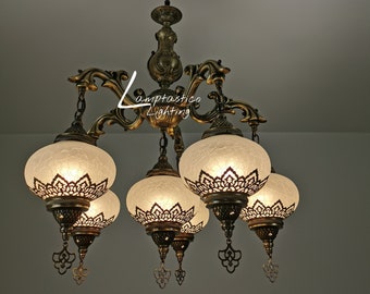 5 Arm Antique Vintage Milky White Crackle Glass Ceiling Hanging Chandelier Lamps Home Decor Downlight, Statement Lighting