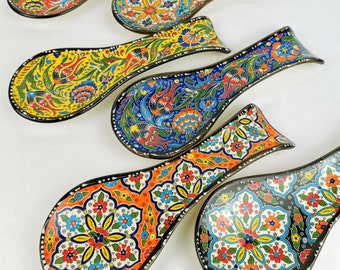 Turkish Handmade Ceramic Floral Colourful Spoon Rest, Spoon Holder, Tea Bag Rest, Christmas Gift, Kitchen Accessories