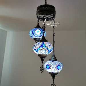 Free UK/EU Led Bulbs Turkish Mosaic Blue Glass Chandelier Brushed Brass Finish Ceiling Light Cascade Lighting Fixture, Entryway Lamp