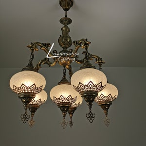 5 Arm Antique Vintage Milky White Crackle Glass Ceiling Hanging Chandelier Lamps Home Decor Downlight, Statement Lighting