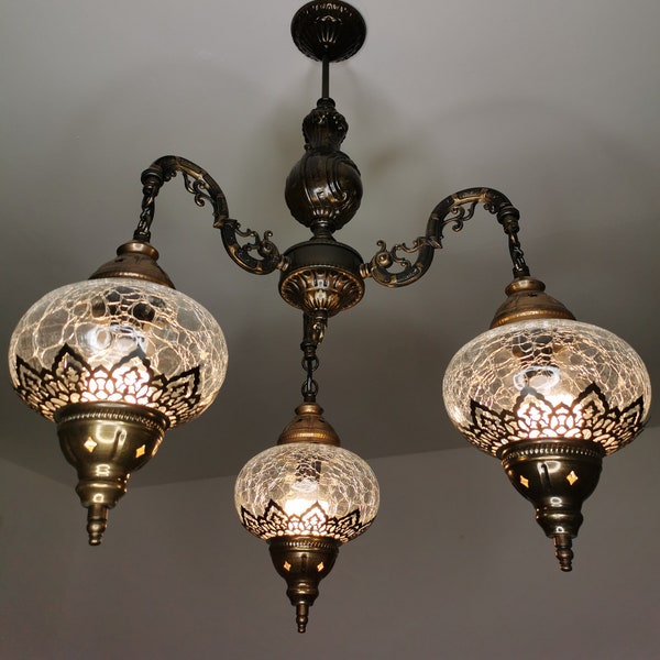 Free UK/EU Led Bulbs, Turkish Moroccan Bohemian Crackle Glass Ceiling Hanging Chandelier, Home Decor Living Room Bedroom Chandelier