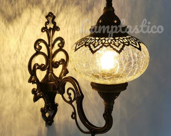 Free UK/EU Led Bulb Crackle Glass Handmade Turkish Wall Sconce Lamp Stunning Moroccan Decor, Living Room Wall Light, Bedroom Wall Lamp