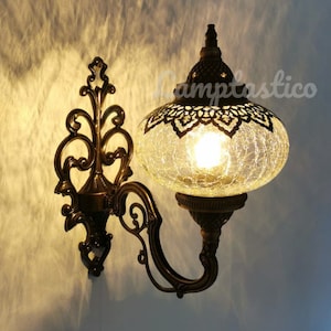 Free UK/EU Led Bulb Crackle Glass Handmade Turkish Wall Sconce Lamp Stunning Moroccan Decor, Living Room Wall Light, Bedroom Wall Lamp