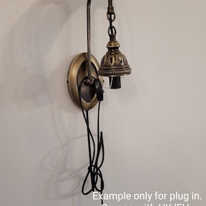 May include: A brass wall sconce with a decorative bell-shaped shade and a black cord. The sconce has a UK/EU plug, but comes with a US/CAN plug.