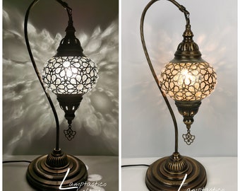 Free UK/EU Led Bulb, Turkish Moroccan Blown Laser Glass Swan Neck Desk Table Lamp, Bedside Lamp, Statement Light, Gift, 55CM Tall