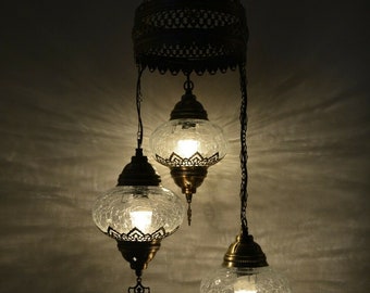 Moroccan Chandelier: 3 Globe Turkish Crackle Glass Hanging Lamp