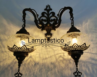 Crackle Glass Turkish Double Wall Sconce Lamp Stunning Handmade Moroccan Decor, Wall Light Living Room, Bedroom Wall Lamp