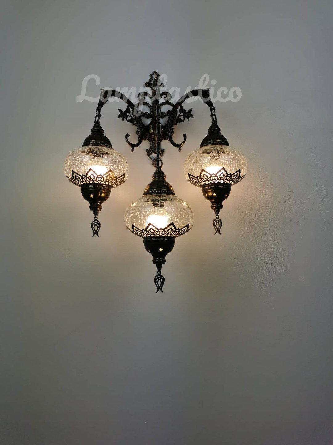 Triple Crackle Glass Wall Sconce Lamp Stunning Handmade Moroccan Decor ...