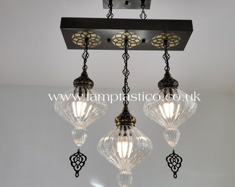 Ribbed Blown Glass Kitchen Island Chandelier, Turkish Lamp