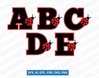 Ladybug Bug Letters Fonts Alphabet Lettering Birthday Party SVG Vector Silhouette Cameo Cricut Cut File Clipart Png Dxf Eps