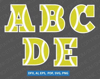 Tennis Ball Team Letters Fonts Alphabet Lettering Birthday Party SVG Vector Silhouette Cameo Cricut Cut File Clipart Png Dxf Eps