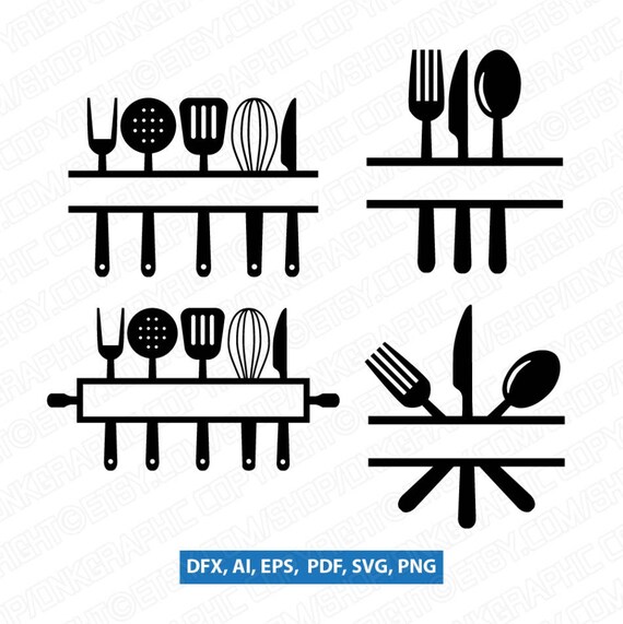 Download Kitchen Utensils Split Monogram Frame Spoon Fork Knife SVG | Etsy