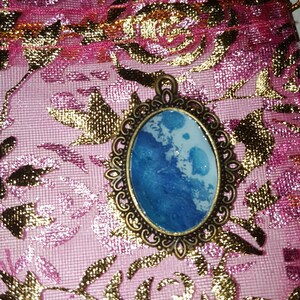 Hand Painted Antique Bronze Finished Pendant in Shades of Blue with Resin Finish