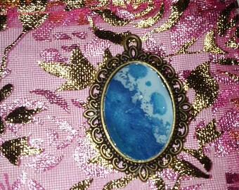 Hand Painted Antique Bronze Finished Pendant in Shades of Blue with Resin Finish