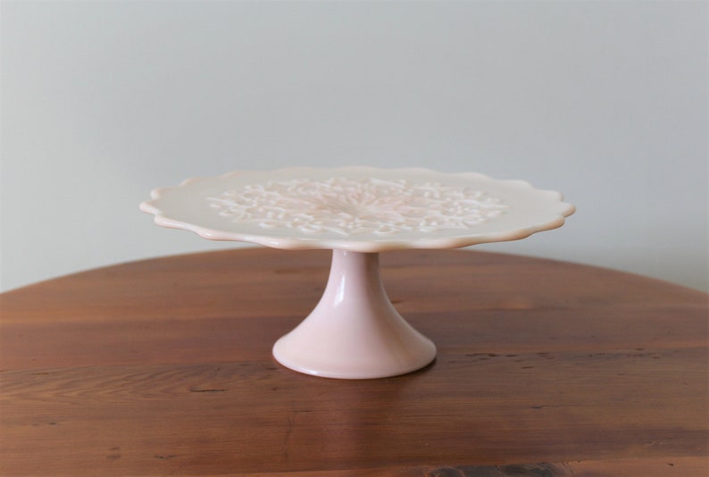 Fenton Spanish Lace Rose Pastel Pink Milk Glass Cake Stand Pedestal Plate Hearts Scrolls Scalloped Edge Aden Lane