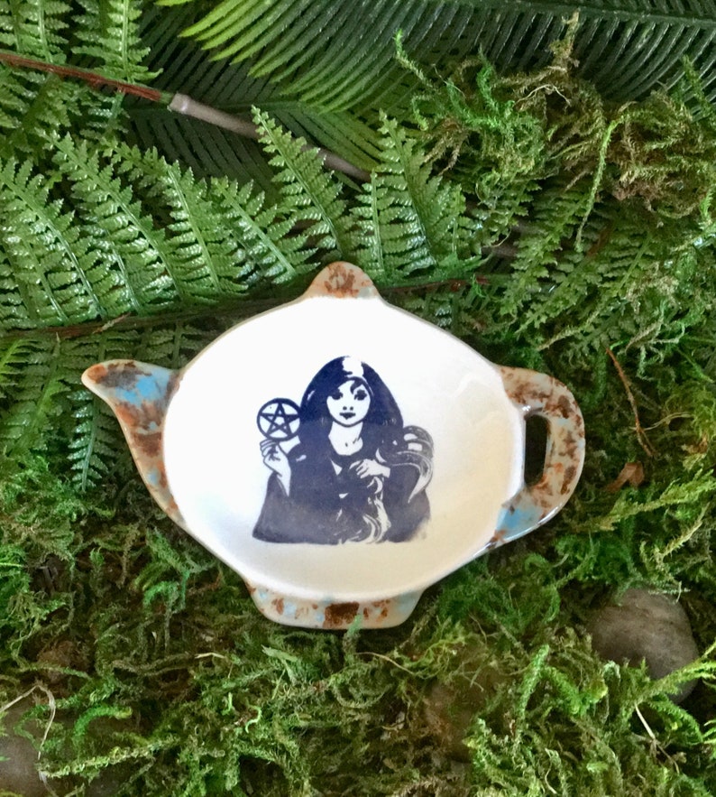 Wicca Kitchen, Magick Wiccan Kitchen Witch and Pentacle Tea Bag or Teaspoon Holder Handmade ceramic Witch