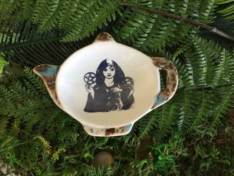 Wicca Kitchen, Magick Wiccan Kitchen Witch and Pentacle Tea Bag or Teaspoon Holder Handmade ceramic Witch
