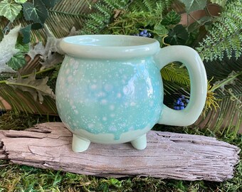 Minty Green Witchy Glazed Cauldron Mug - Altar, Potions, Wiccan, Wicca, Pagan, Witchcraft