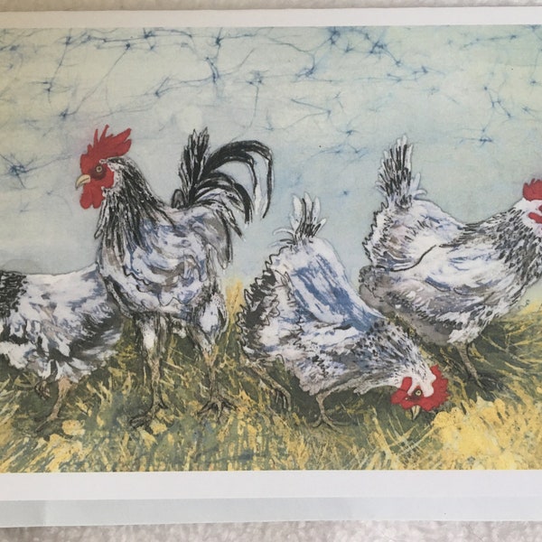 Menage a Quatre Print Notecard from Original Batik with envelope (single) / Four Chickens / Hens / Cards with Birds / Original Artwork