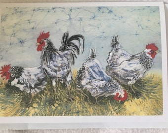 Menage a Quatre Print Notecard from Original Batik with envelope (single) / Four Chickens / Hens / Cards with Birds / Original Artwork