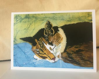 Purrrfect Cat Batik Print Notecard with Envelope (single) / Sleeping Cat / Feline / Callico Cat / Tortishell Cat / Original Artwork