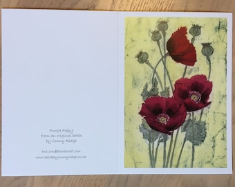 Poppy Batik Print Notecard with Envelope (single) / Purple Poppy / Flower / Poppy Heads / Poppies