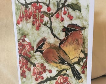 Birds and Berries Batik Print Notecard with Envelope (Single)/ Birds in Tree/
