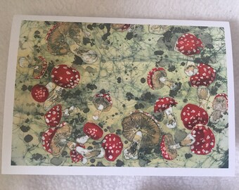 Magic Mushrooms Batik Print Notecard with Envelope (single) / Mushroom / Plants / Fungi / Original Artwork / Blank Card