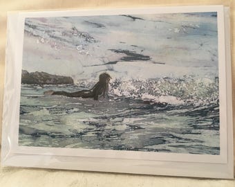 Mermaid Batik Print Notecard with Envelope (single) / Mermaid in Sea / Waves / Sea / Ocean / Original Artwork / Suitable for All Occasions
