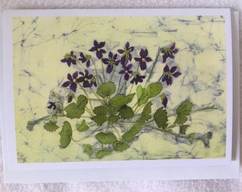 Spring Violets Batik Print Notecard with Envelope (single) / Floral / Flowers / Original Artwork / Suitable for all Occasions