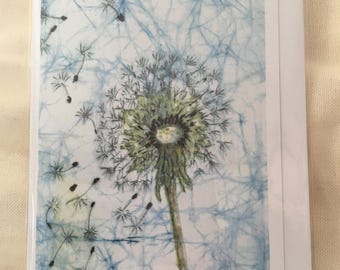 Dandelion Batik Print Notecard with Envelope (single) / Flying Dandelion / Seed Head / Blowing Dandelion / White Dandelion / Seeds