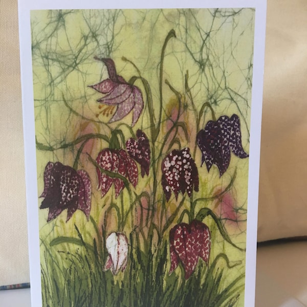 Snakeshead Fritillary Batik Print Notecard with Envelope (single) / Flowers / Botanical / Plants / Original Artwork