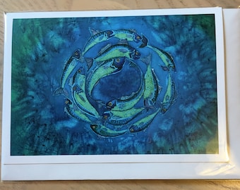 Vortex of Fishes Batik Print Notecard with Envelope (single) / Green Fishes/ Circle of Fishes/ Psychedelic Fish/ Swimming Fish/ Water