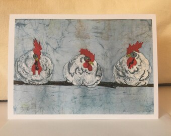 Roosting Chickens Batik Print Notecard with Envelope (single) / Hens / Perching Hens / White Chickens / Birds / Original Artwork