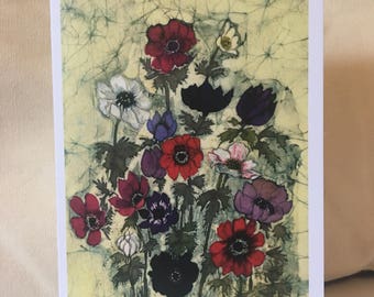 Anemonies Batik Print Notecard with envelope (single) from original artwork/ Flowers/ Greeting Card