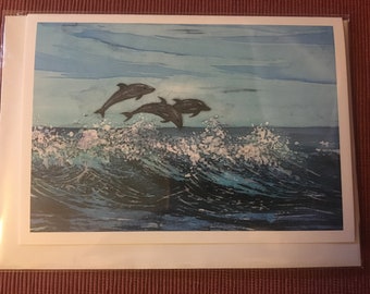 Jumping Dolphins in Surf Batik Print Notecard with envelope (single)/ Dolphin/ Waves / Original Artwork/ Christmas Card/ Blank Card