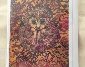 Hedgehog Batik Print Notecard with Envelope (single) / Cute Hedgehog / Autumn / Animals in Leaves / Original Artwork