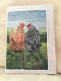 Talking Chickens Batik Print Notecard with Envelope (single)\/ Hens \/ Chicken \/ Roosters \/ Birds \/ Farm Scene \/Original Artwork
