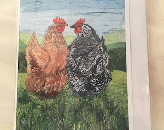 Talking Chickens Batik Print Notecard with Envelope (single)/ Hens / Chicken / Roosters / Birds / Farm Scene /Original Artwork