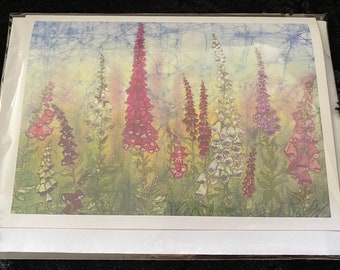 Foxgloves Batik Print Notecard with Envelope (single) / Floral / Flowers/ Garden/ Original Artwork / Suitable for all Occasions