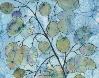 May include: An abstract batik artwork featuring a branch with numerous circular, translucent seed pods in shades of green, yellow, and purple. The background is a textured blue with darker blue veins. The artist's signature, "batikbyconnyridge", is in the lower right corner.