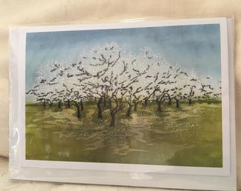 Cherry Orchard Batik Print Notecard with Envelope (Single) / Orchard / Cherry Trees / Cherry Blossom / Original Artwork