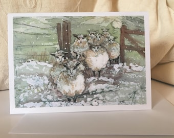 Sheep in Winter Batik Print Notecard with Envelope (single) / Sheep in Snow/ Original Artwork / Suitable for all Occasions