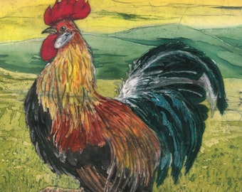 Cocky Lockie Batik Print Notecard with Envelope (single)/ Cockerel Artwork/ Rooster Blank Card/ Original Artwork/ Suitable all Occasions