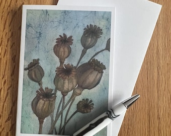Poppy Head Batik Print Notecard with Envelope (single) / Flower Print / Original Artwork/ Suitable For All Occasions