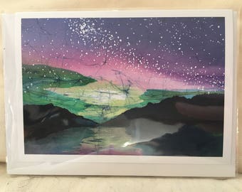 Northern Lights Batik Print Notecard with Envelope (single) / Aurora Print / Original Artwork/ Suitable For All Occasions