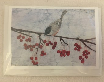 Berry Feast Batik Print Notecard with envelope (single)/ Birds/ Berries/ Original Artwork/ Coal Tit/ Christmas Card/ Blank Card